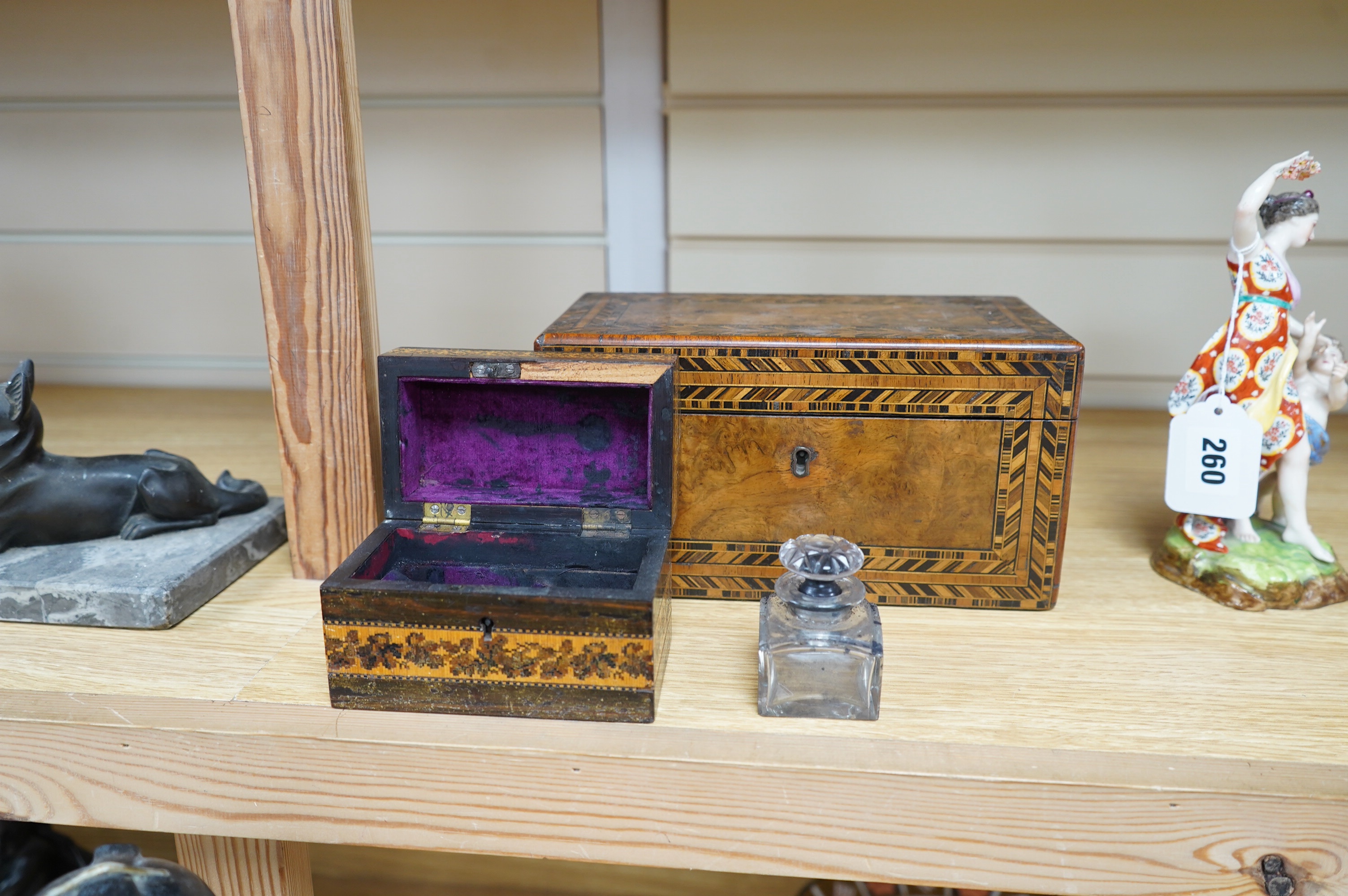 A Victorian Tunbridgeware dome-topped scent casket and a Tunbridgeware tea caddy, 23cm wide. Condition - fair